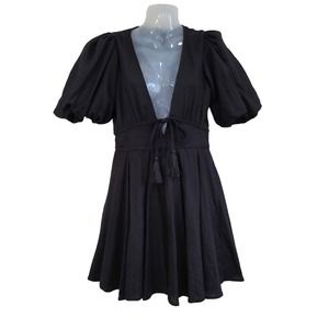 House of Harlow Revolve Black Puff Sleeve Deep V-neck Linen Mini Dress Size 4